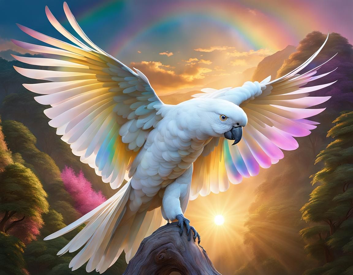 white iridescent cockatoo