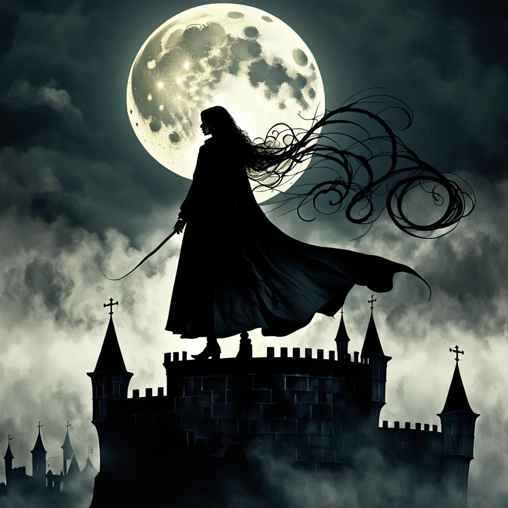 Mystical Woman on Gothic Castle in Dark Academic Style