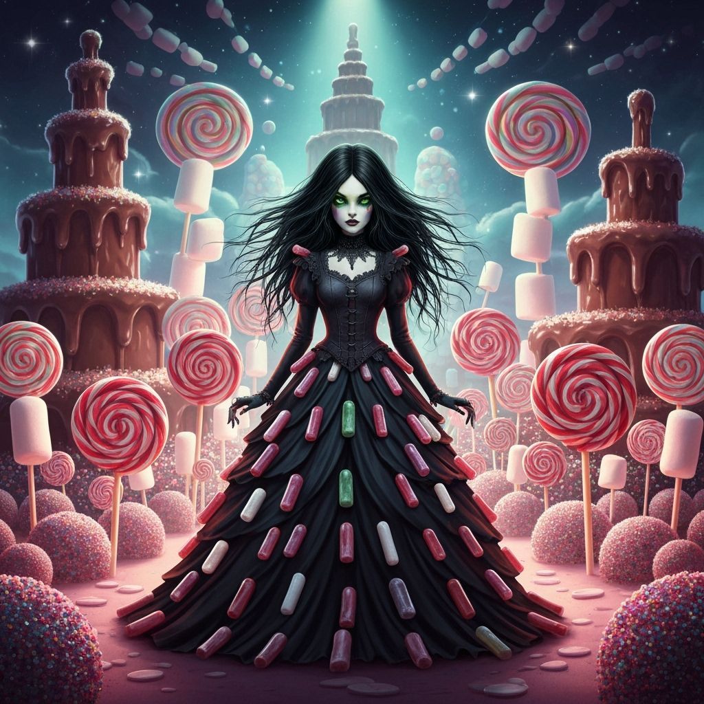 Goth Woman in Whimsical Candy Garden, Synthwave Art