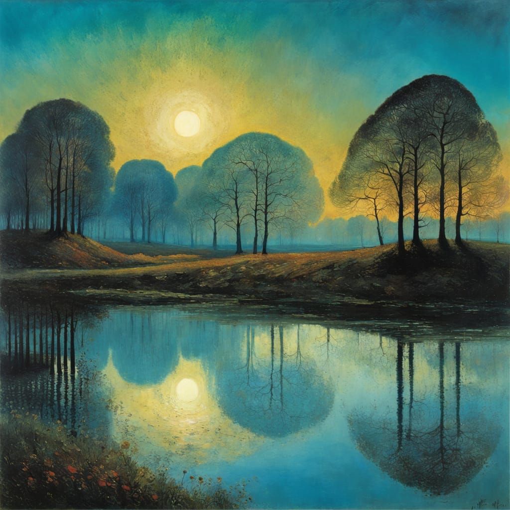 Mysterious Dusk Landscape With Lake and Old Oaks