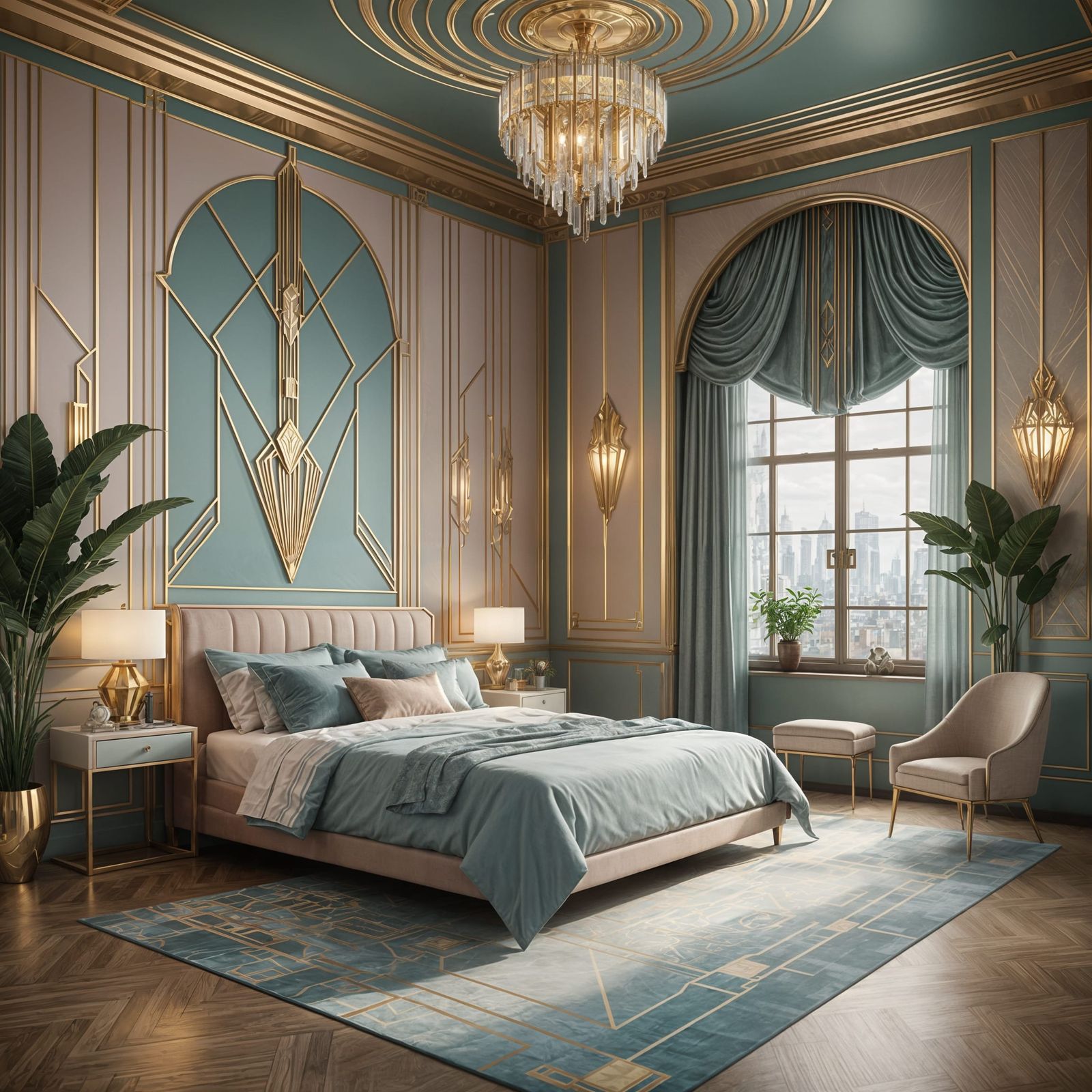 Art Deco Bedroom with Geometric Design in Pastel