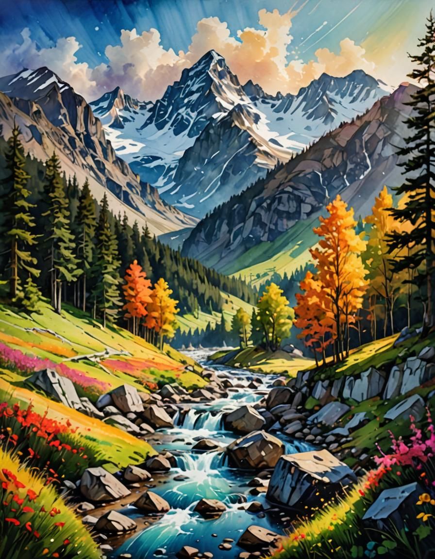 Colorful Mountain Landscape in Watercolor Style