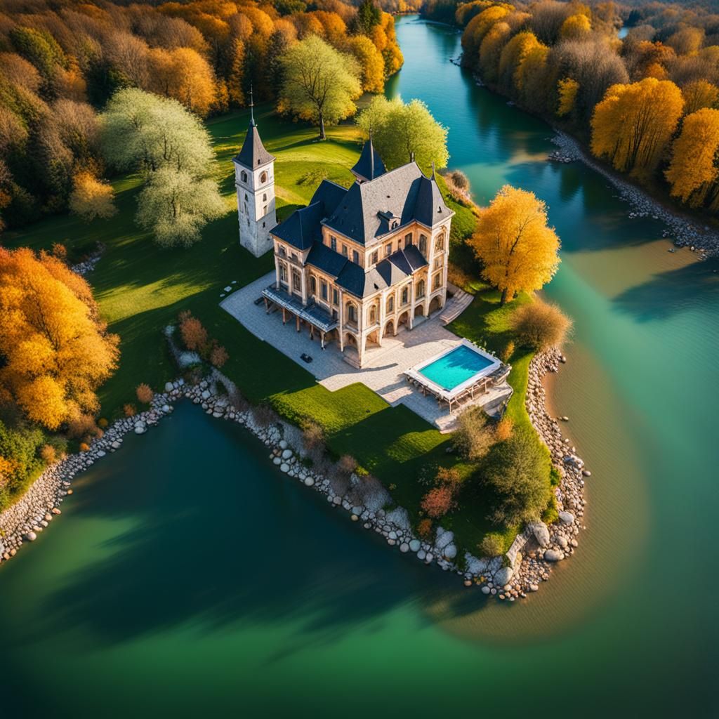 Drone Flies over Tihany, Hungary: Hyperrealistic Splash Art
