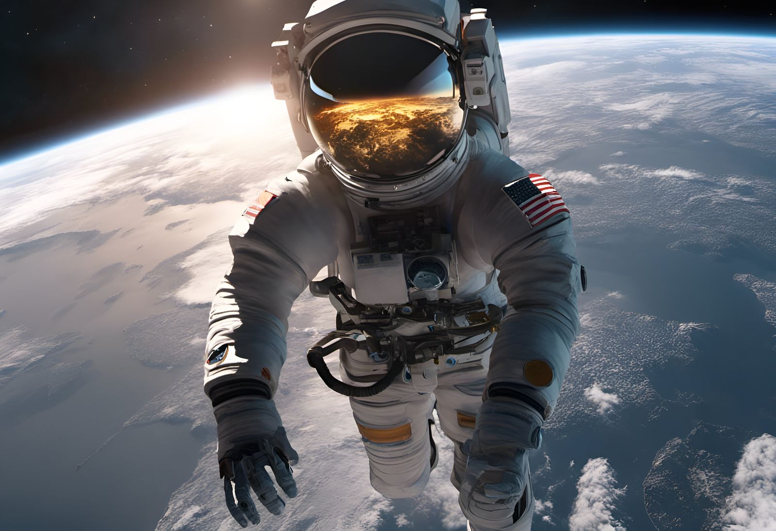 US Astronaut Space-walking: us astronaut space-walking, take selfie, with a darkened-earth, lit by the lights of cities,...