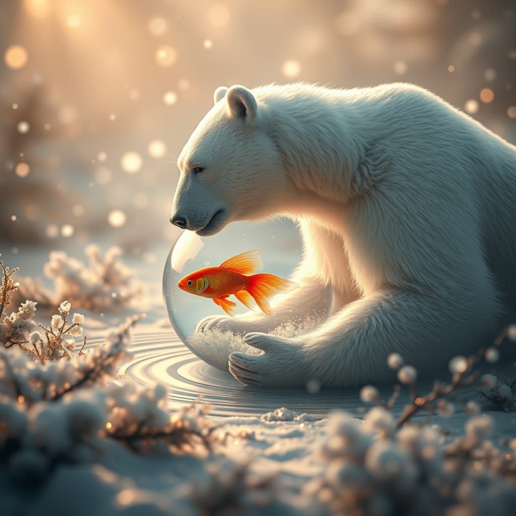 Whimsical Polar Bear in Enchanted Snowscape with Goldfish