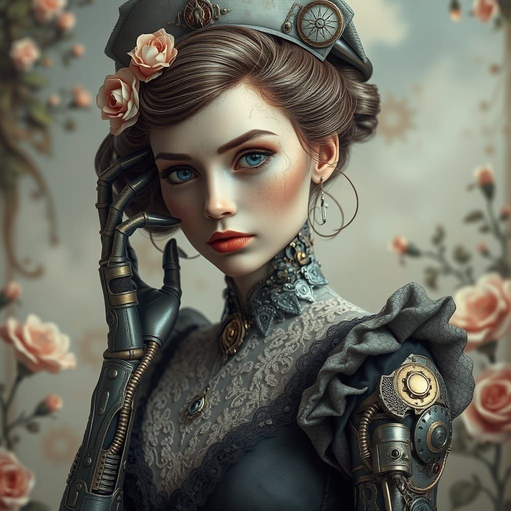Steampunk Cyborg Nurse with Intricate Metal and Lace Details