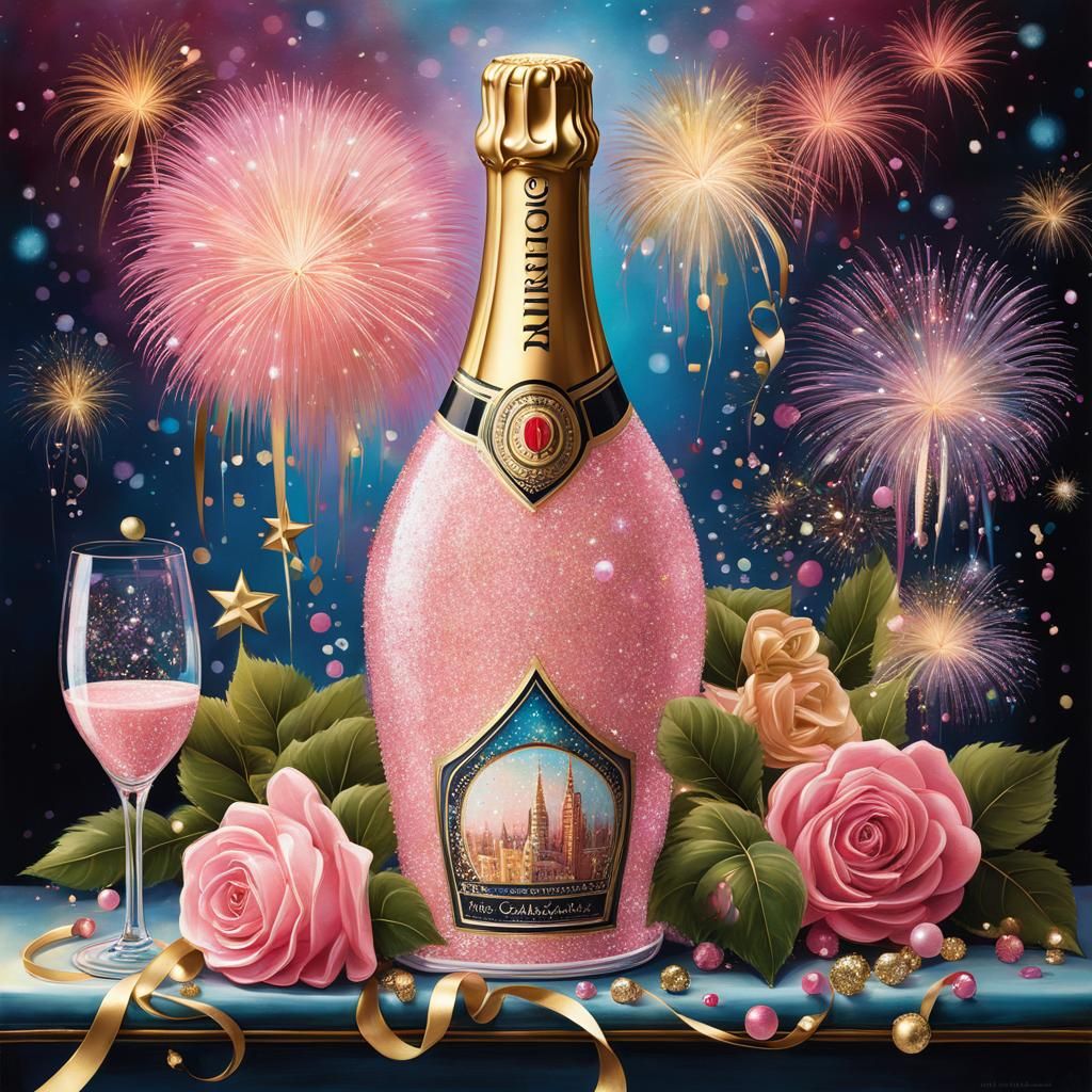 Surrealism Pale light Pink bubbly fizz champagne bottle with The artwork is inspired by the style of Olga Boznańska and ...