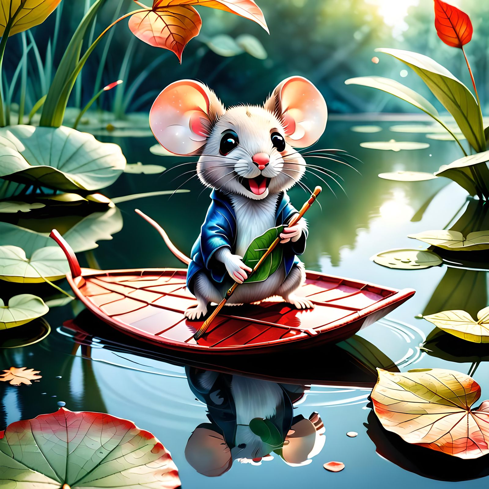 Mouse on Leaf Boat in Beatrix Potter Style