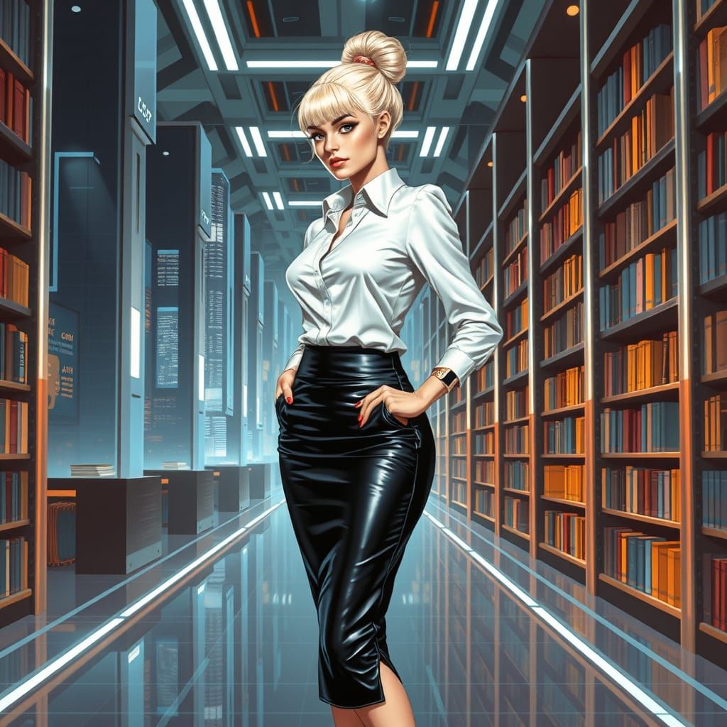 A statuesque cyberpunk librarian with enhanced bust, platinu...