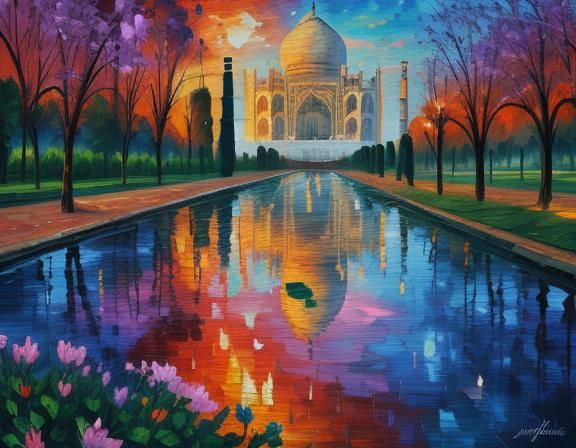 Taj Mahal Sunset: Neo-Impressionist Impasto Oil Painting