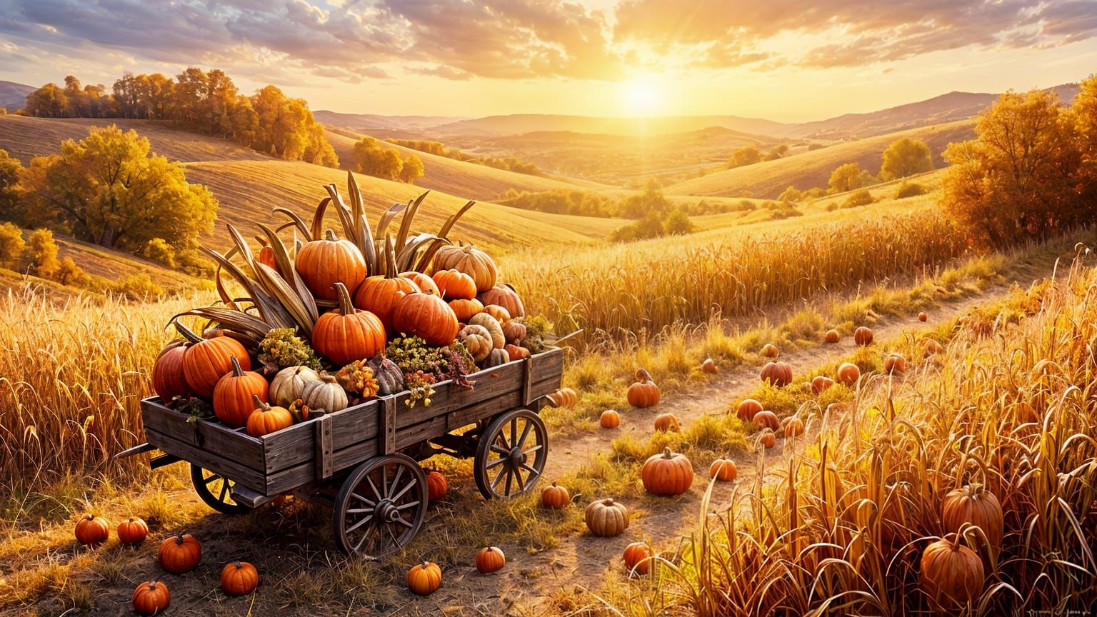 A bountiful harvest scene set in a burnt sienna golden cornf...