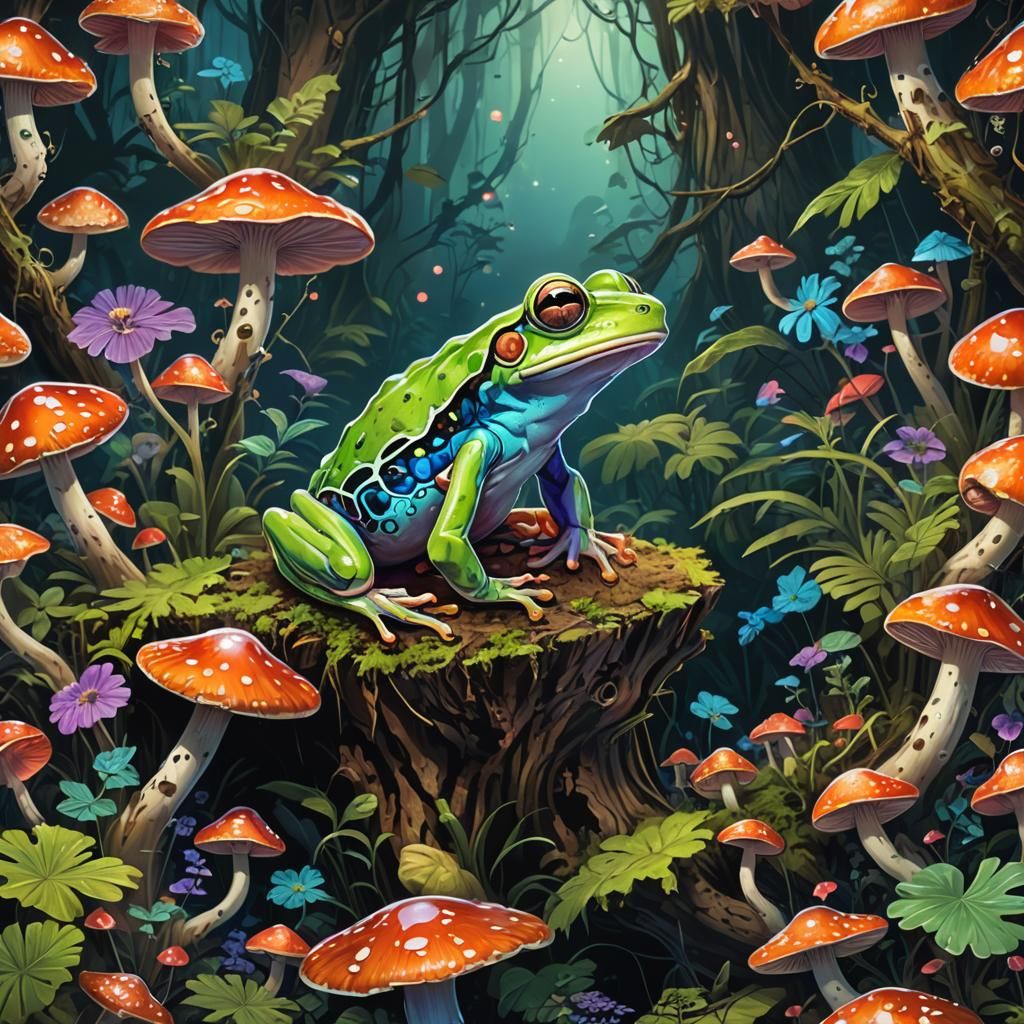 Bioluminescent Frog in a Cyberpunk Jungle
