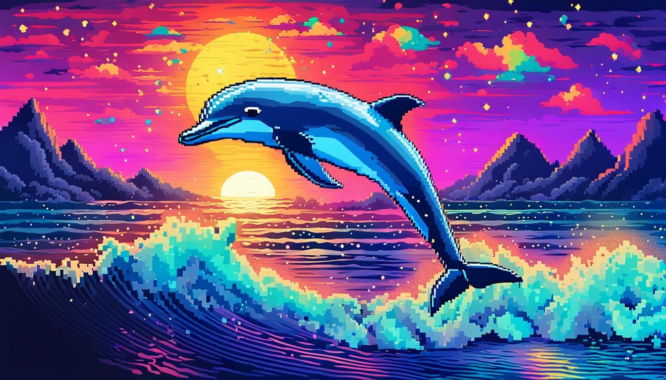 Pixel Art Dolphin Leaping Under Starry Cyberpunk Sky