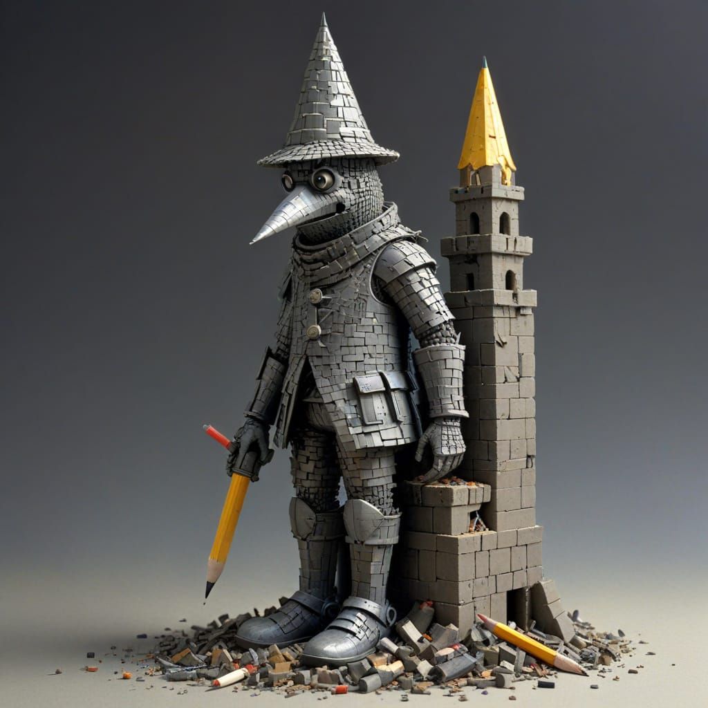Pencil Character Builds Graphite Castle with Whimsical Style