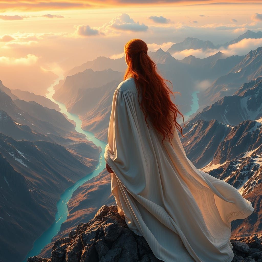 Ethereal Mountain Goddess Overlooking a Serene Landscape