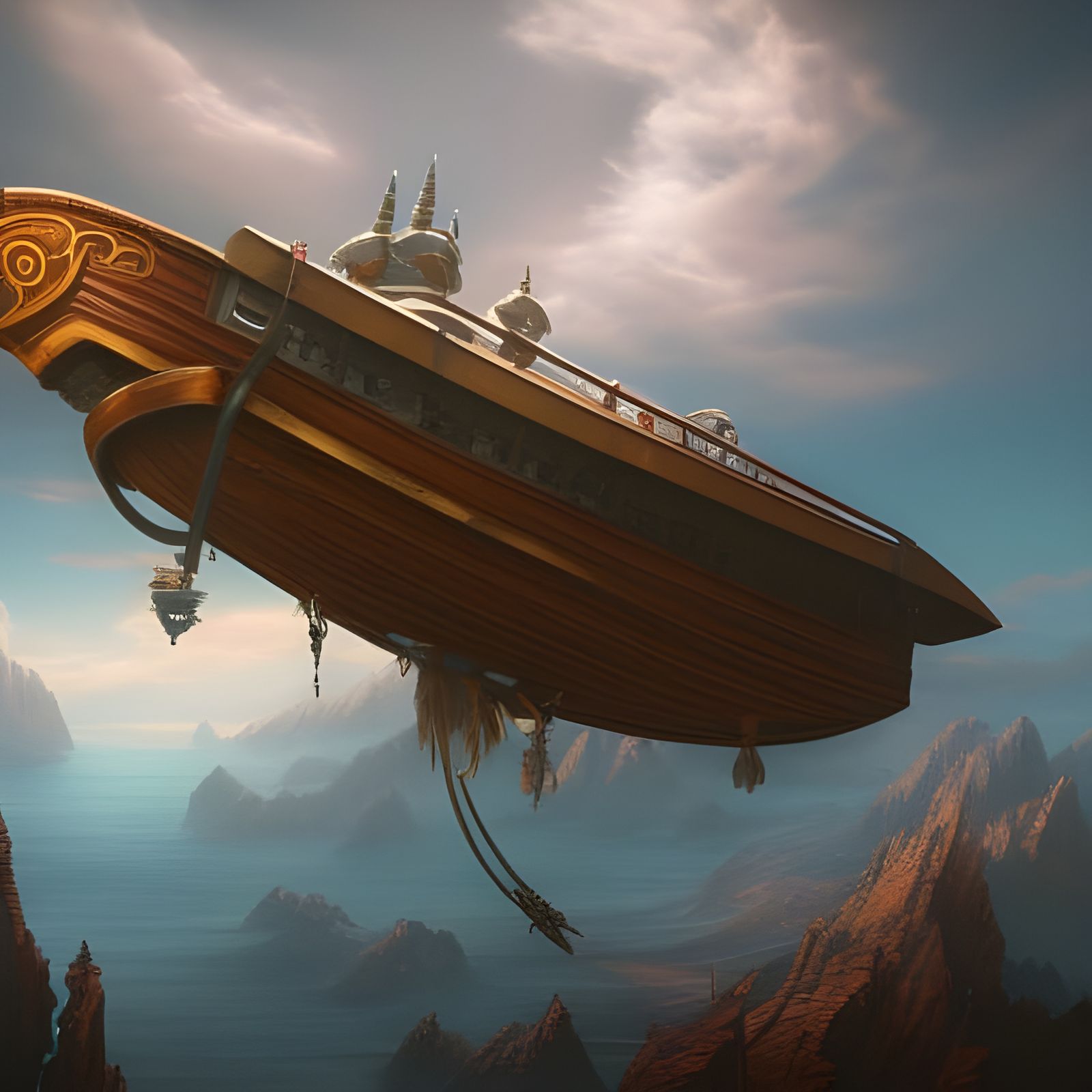 Fantastical Flying Boat in Detailed Matte Painting