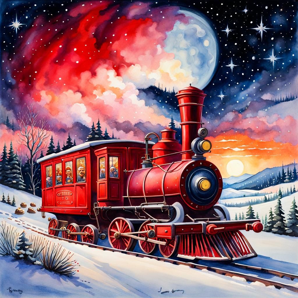 Festive Christmas Steam Engine in Watercolor Style