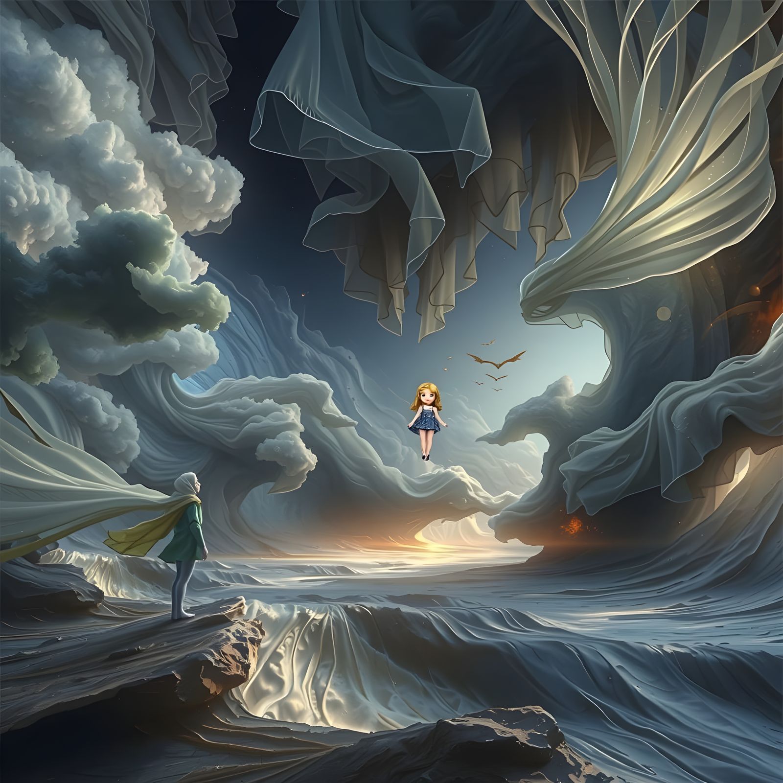 A solitary figure standing at the edge of a shifting landsca...