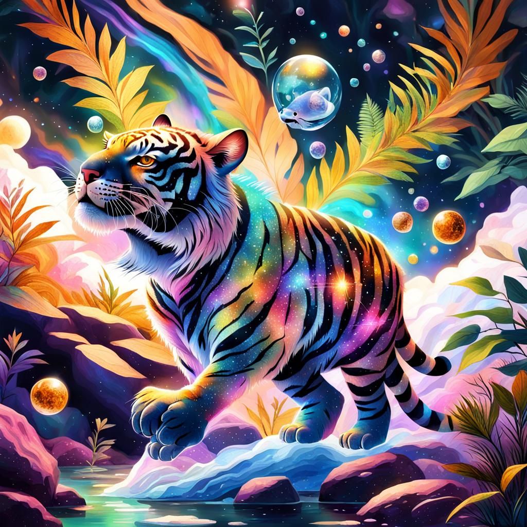 Cute Baby Tiger in Cosmic Astral Illustration