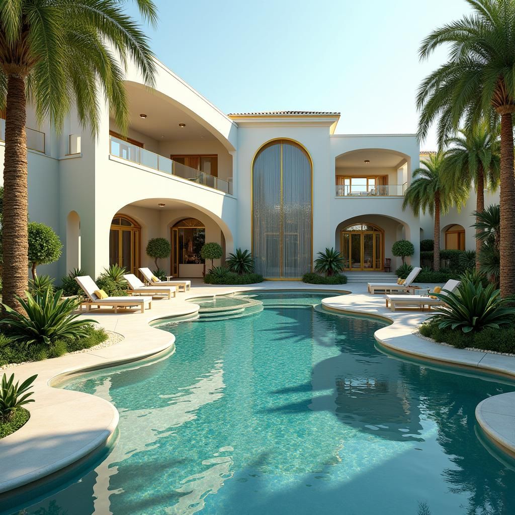 Dubai Mansion with Waterfall Pool, Digital Matte Painting