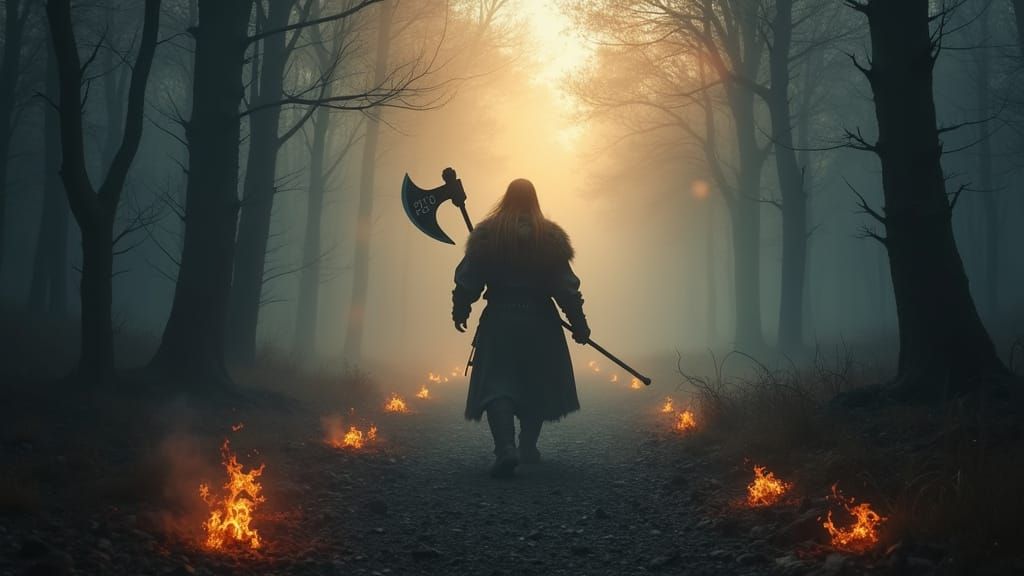 Norse Warrior Walks Glowing Ember Path, Axe in Hand