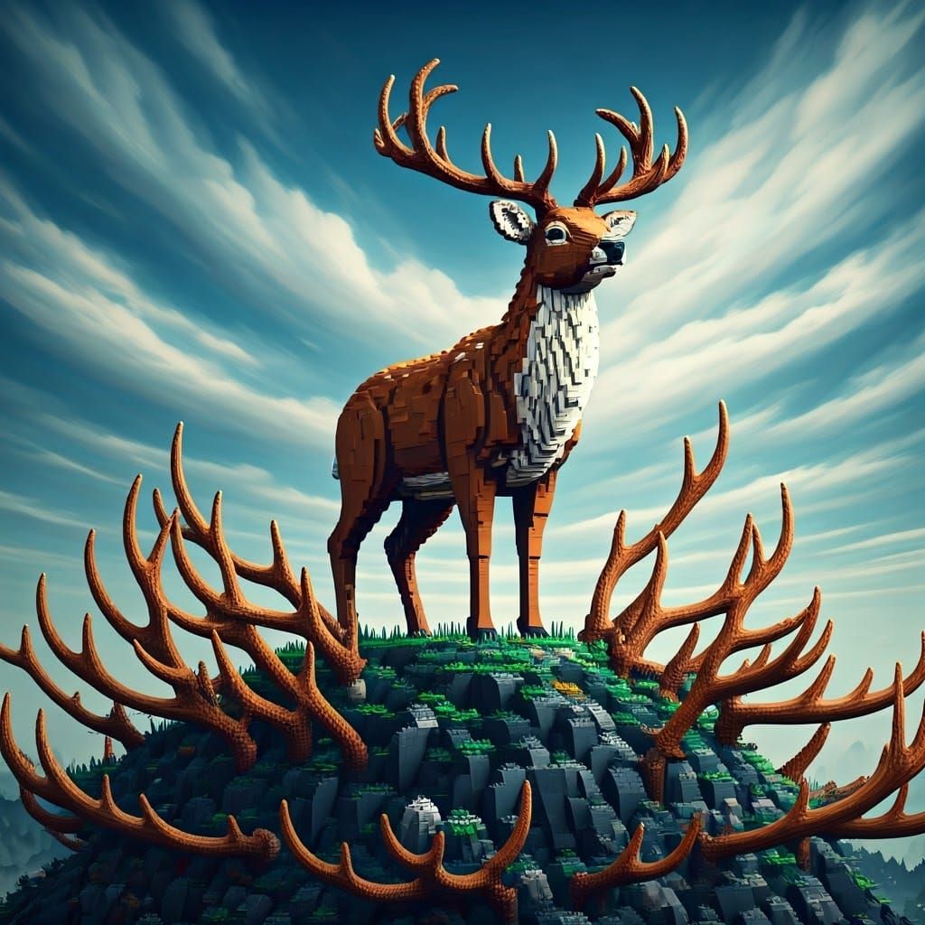Majestic Lego Deer Ascends Towering Antler Peaks
