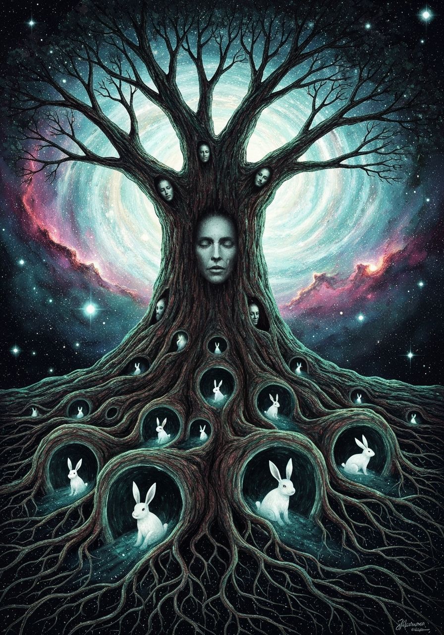 Cosmic Horror Yggdrasil with Ghostly Rabbits