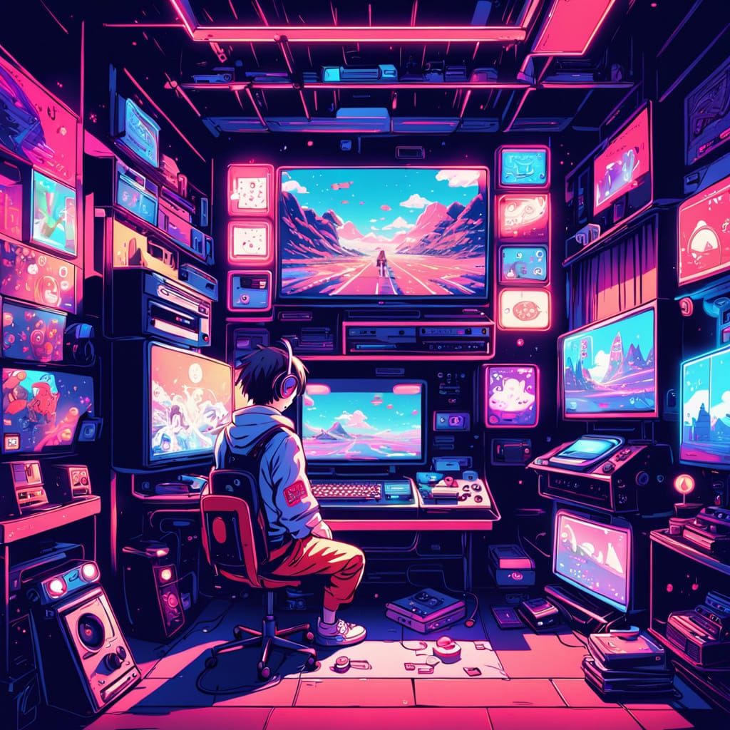 Gamer in Cozy Room: Retro Anime Digital Art
