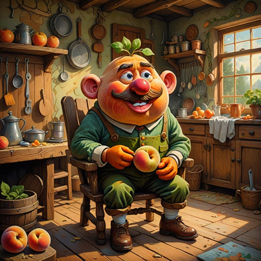 Anthropomorphic Peach in Whimsical Kitchen Scene