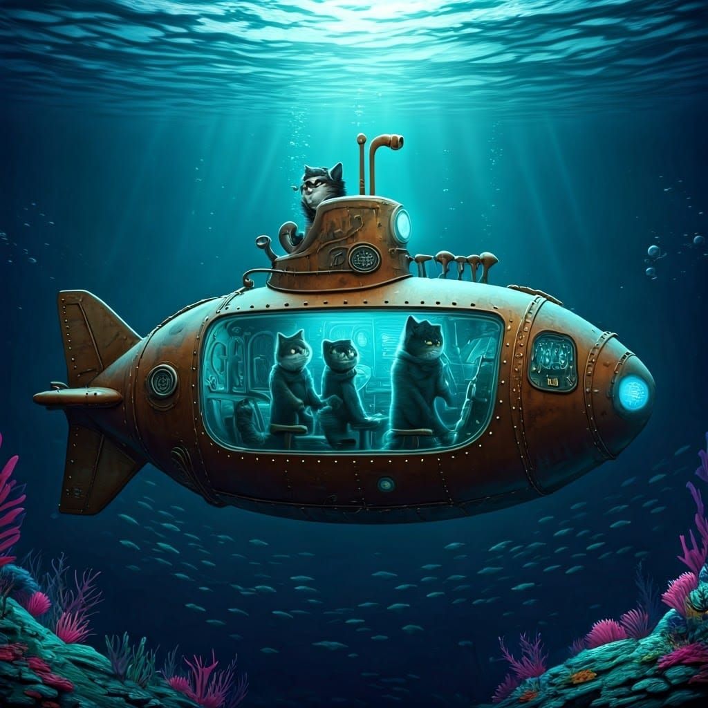 Feline Submarine Crew in Retro-Futuristic Cat-Shaped Sub