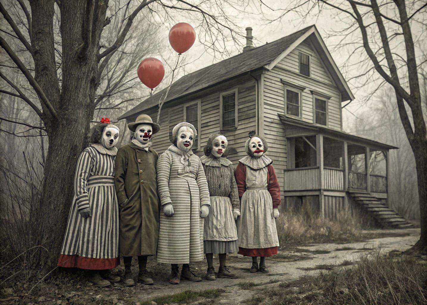Vintage Clowns in a Haunted Black-and-White Landscape