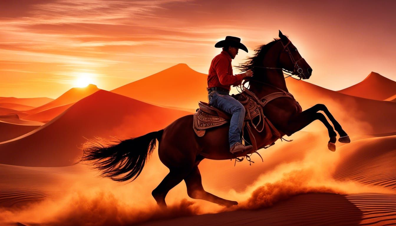 Cowboy on Sand Horse at Desert Sunrise