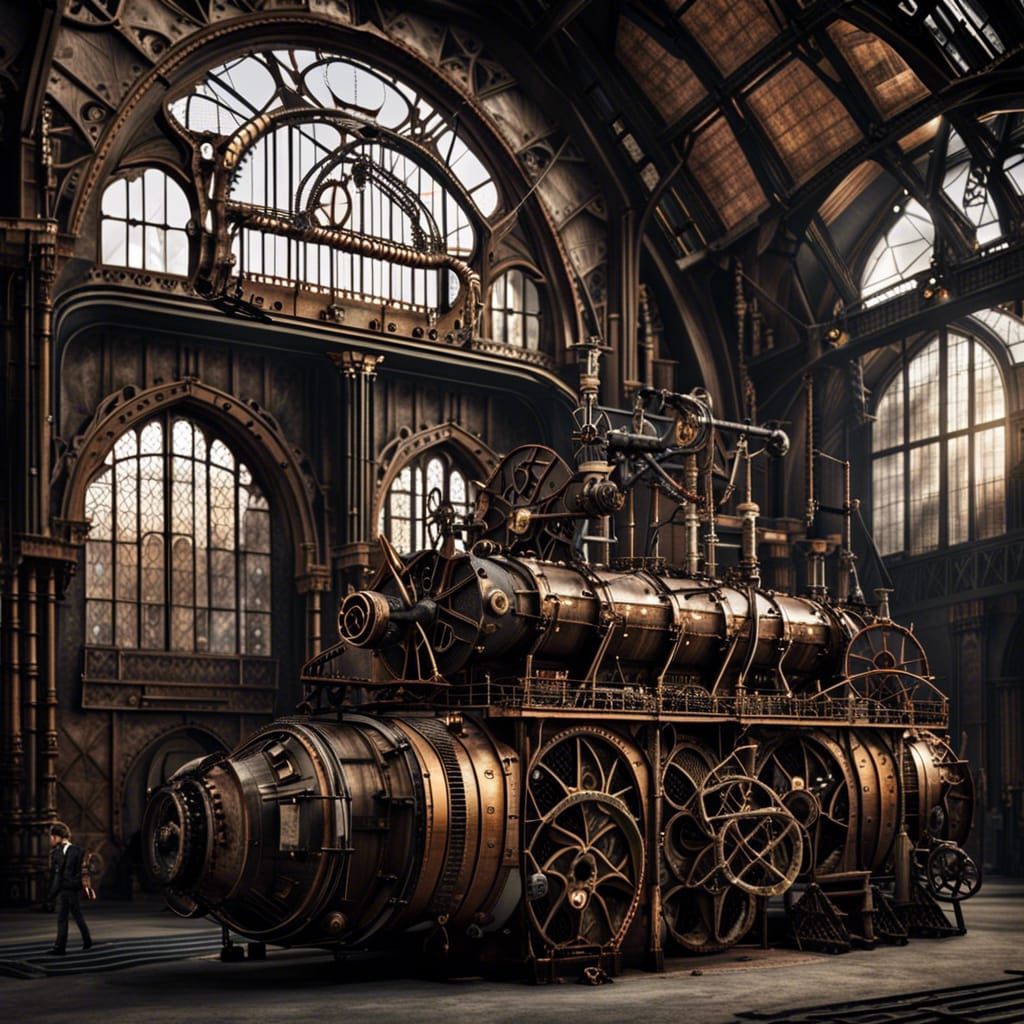 Steampunk Hangar with Gothic Windows and Engine