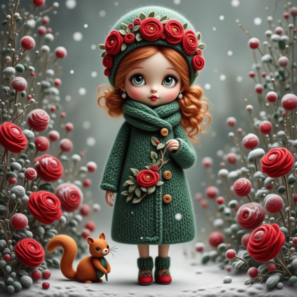 Felt Doll in Snowy Garden with Squirrel and Rose