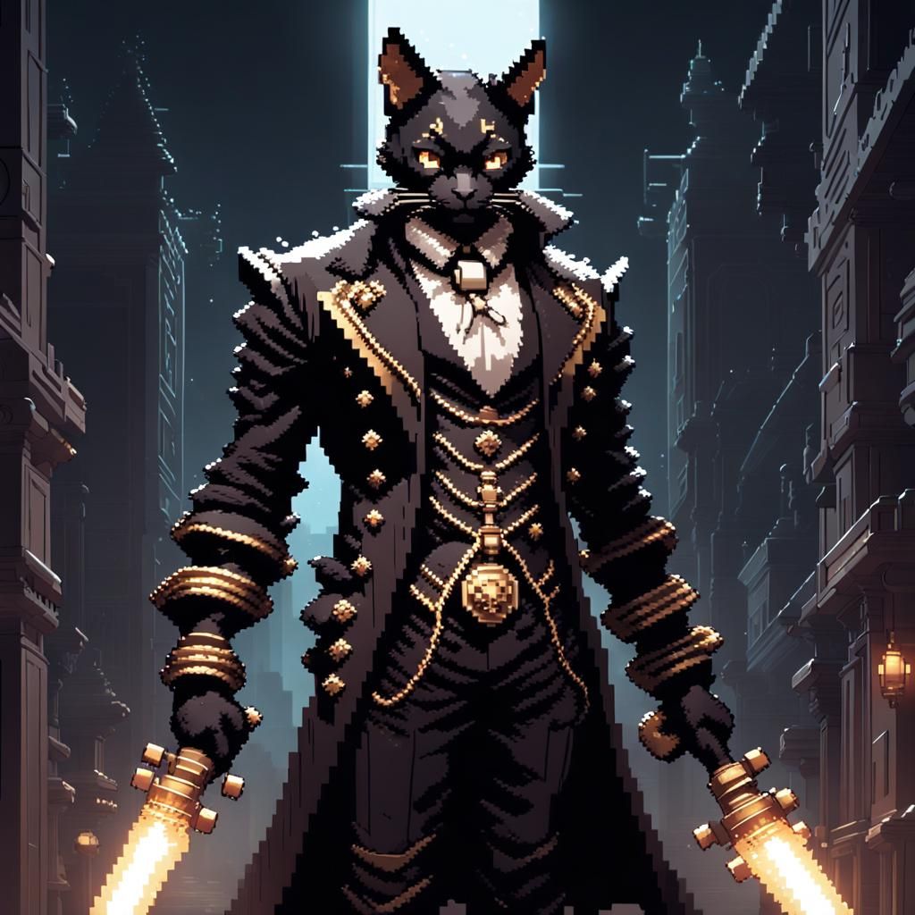 Goth Punk Cat in Pixel Art Anime Style