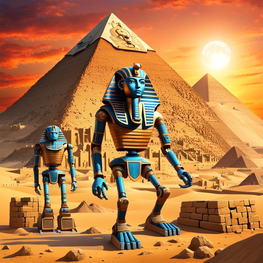 Robots Build Pyramids in Ancient Egypt: Humorous Photo