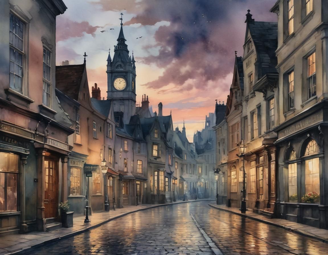 Vintage Watercolor Cityscape at Dusk in Impressionist Style