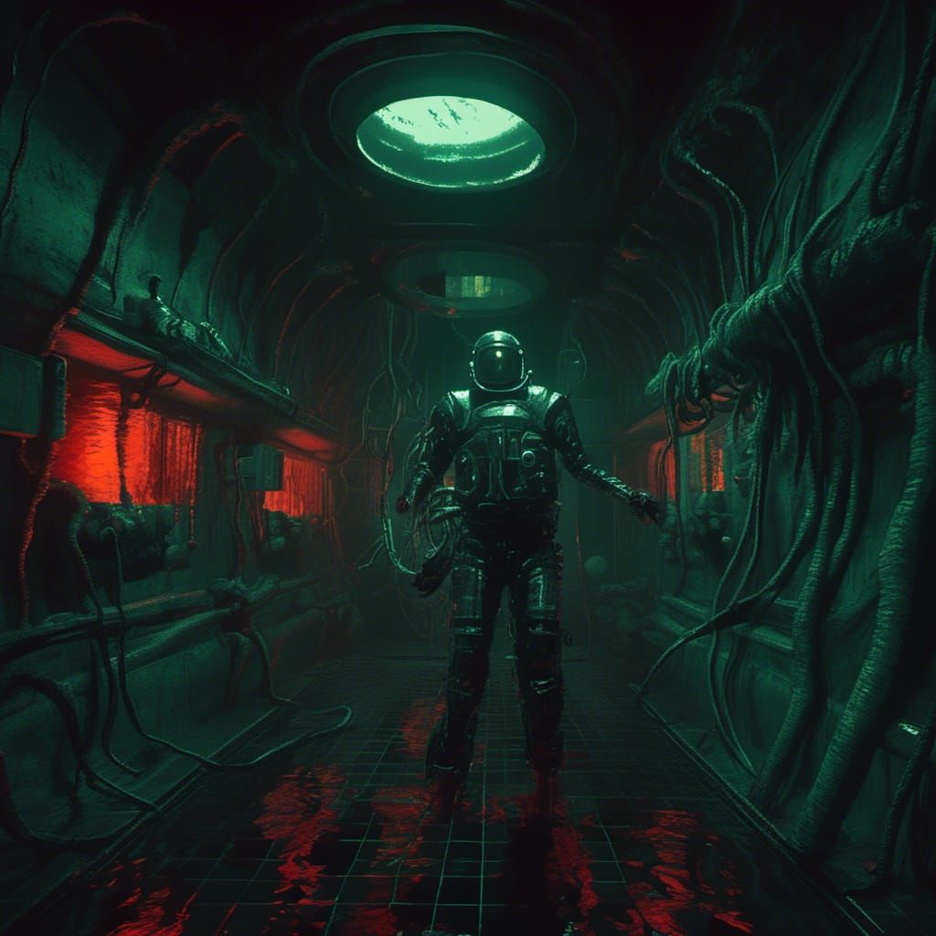 Eerie Submerged Lab Scene in 8-bit Horror Style