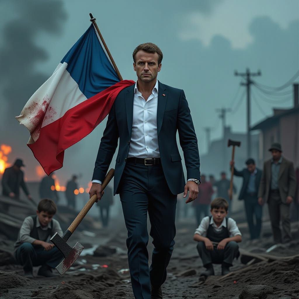 Macron in Dystopian Scene, Evoking Giger and Beksiński