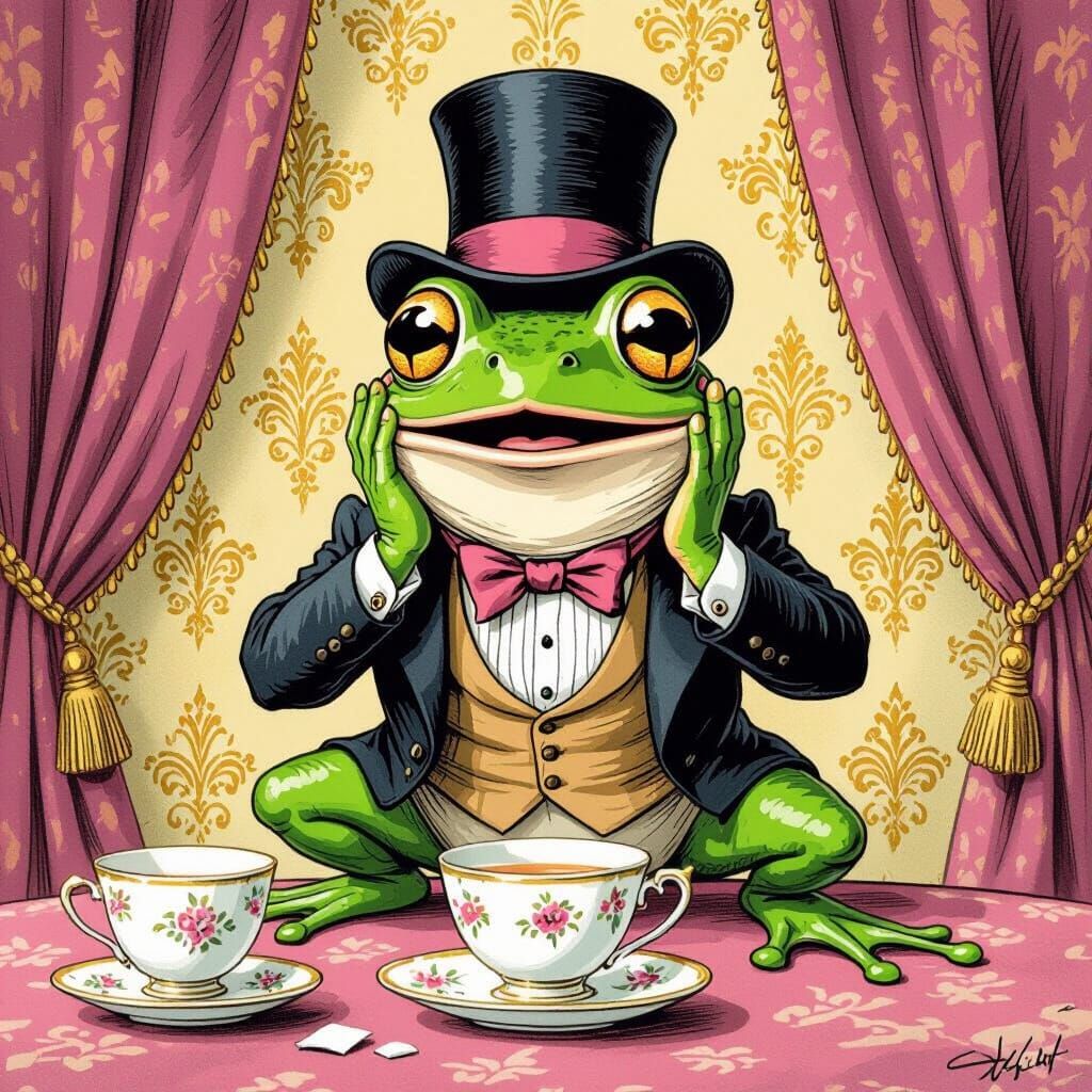 Victorian Frog's Teacup Mishap: Hand-Drawn Illustration