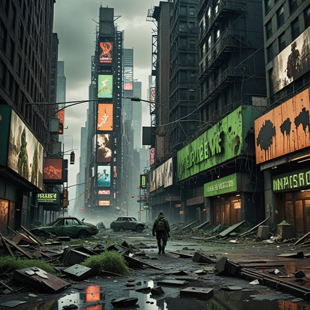 Desolate Times Square in Overgrown Urban Decay