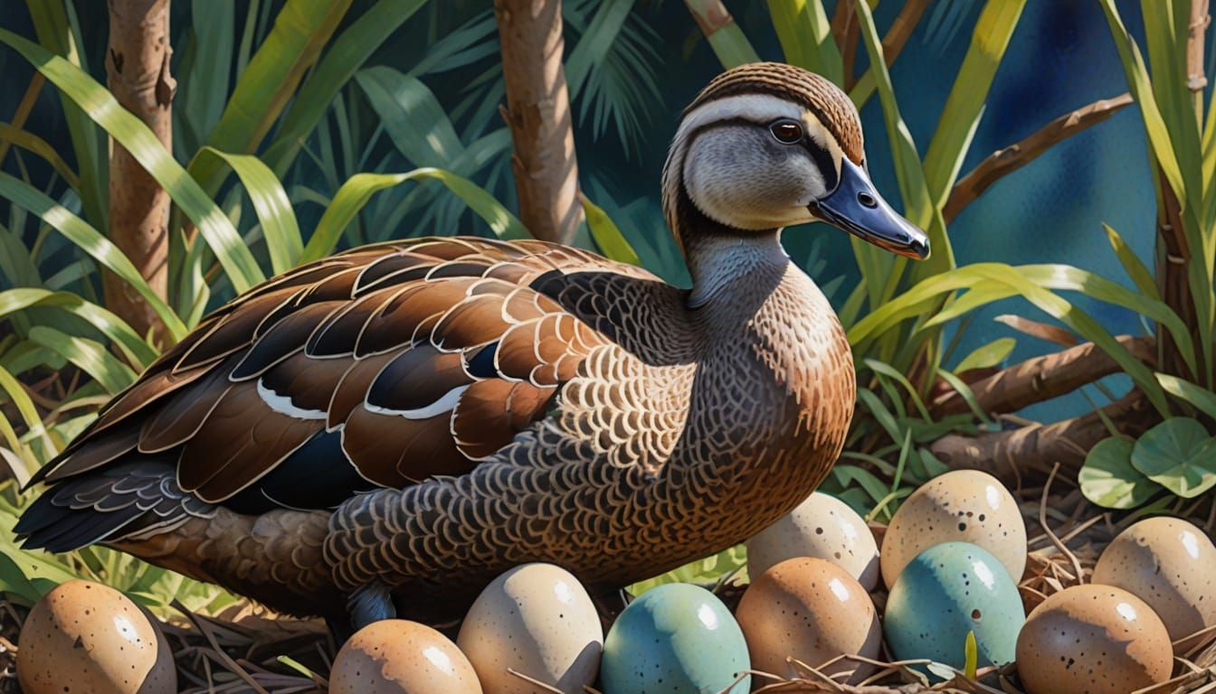 West Indian Whistling Duck Nesting in Watercolor Style