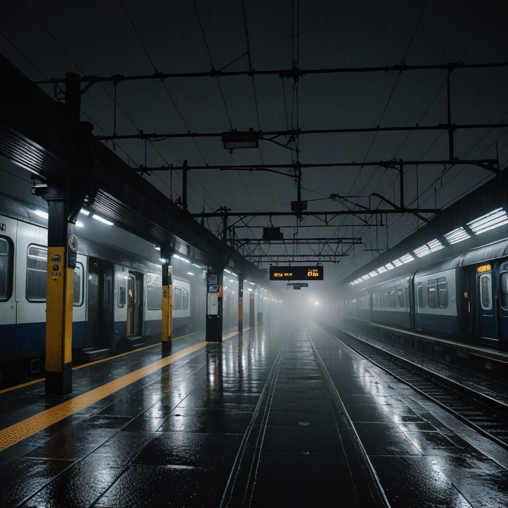 Abandoned Railway Station in the Rainy Night