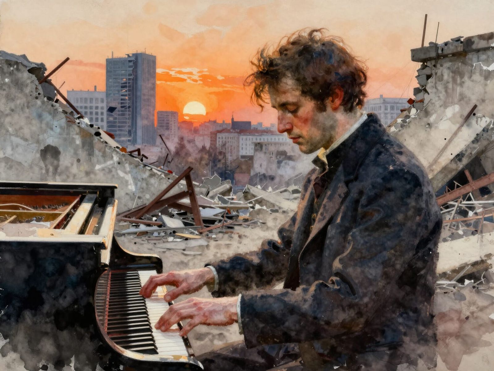 Pianist on Berlin Wall at Dawn, Watercolor Style