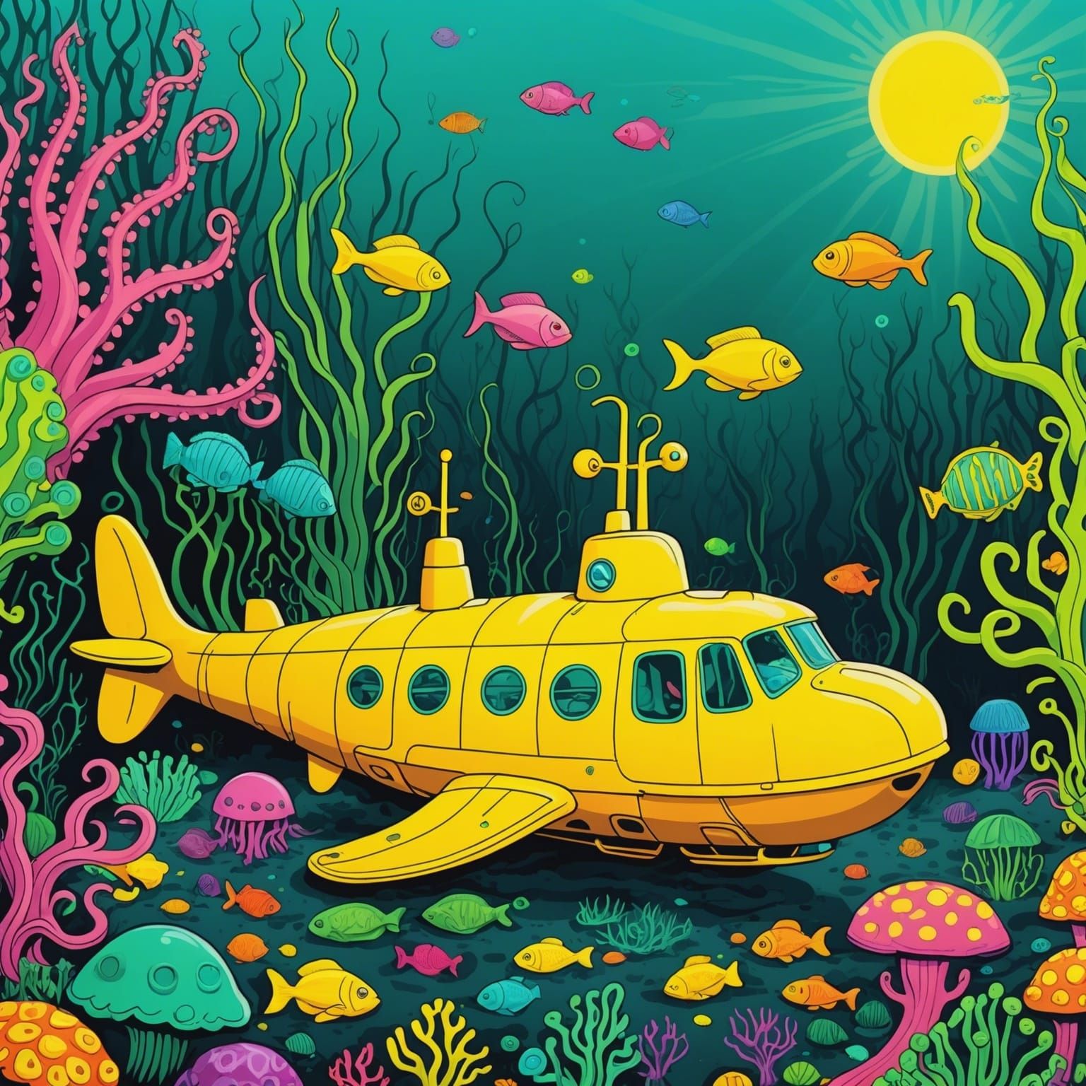 one Yellow submarine shipwrecked in sea of green, stuck in mud in octopus' garden, ocean floor, fish, jelly fish, octopu...
