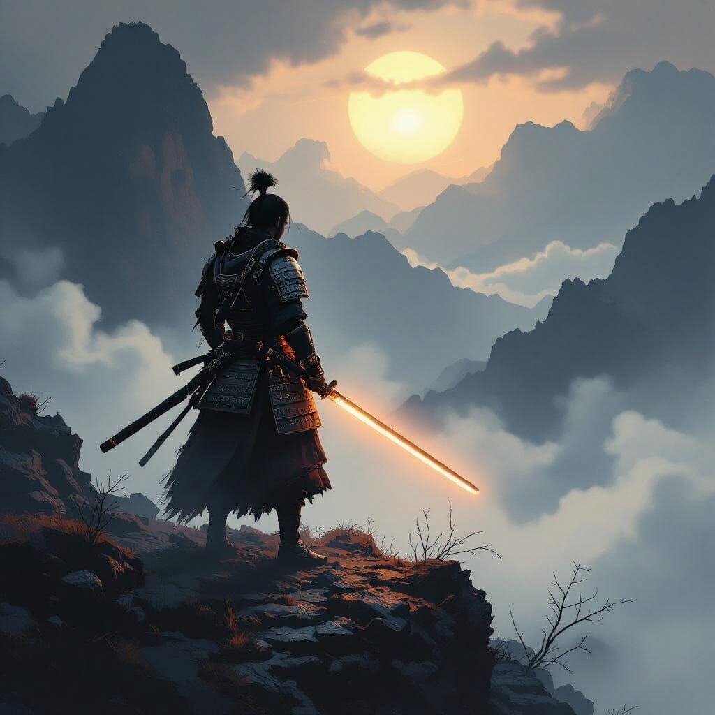 Samurai Vigil: Glowing Katana on Misty Mountaintop