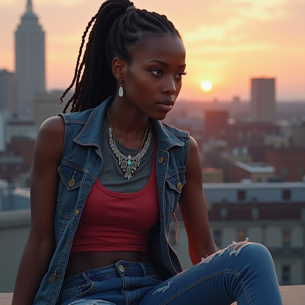 African American Woman Contemplates Boston Skyline in Though...