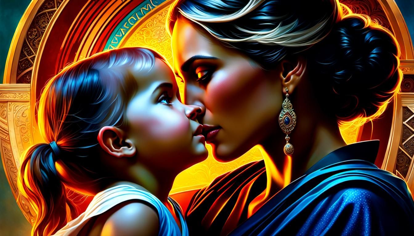 Mother and Child Portrait in Hyperrealistic Splash Art