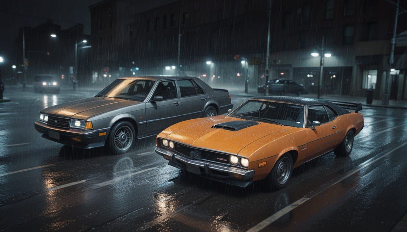 Cars Drifting on Wet City Street at Night