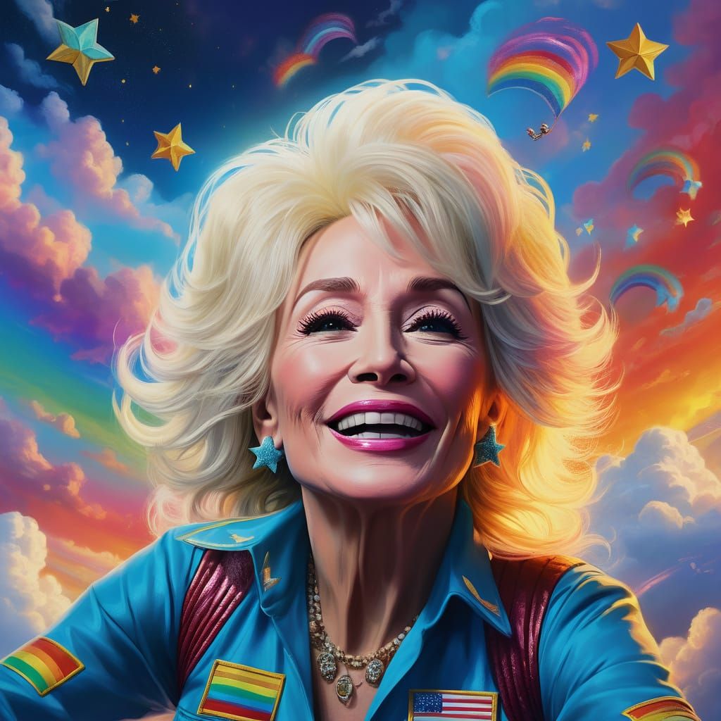 Dolly Parton Skydiving in Vibrant Oil Painting